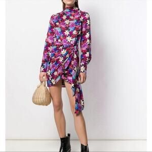 PINKO FLORAL SATIN BUTTON FRONT LONG SLEEVE SHEATH FAUX WRAP MINI DRESS